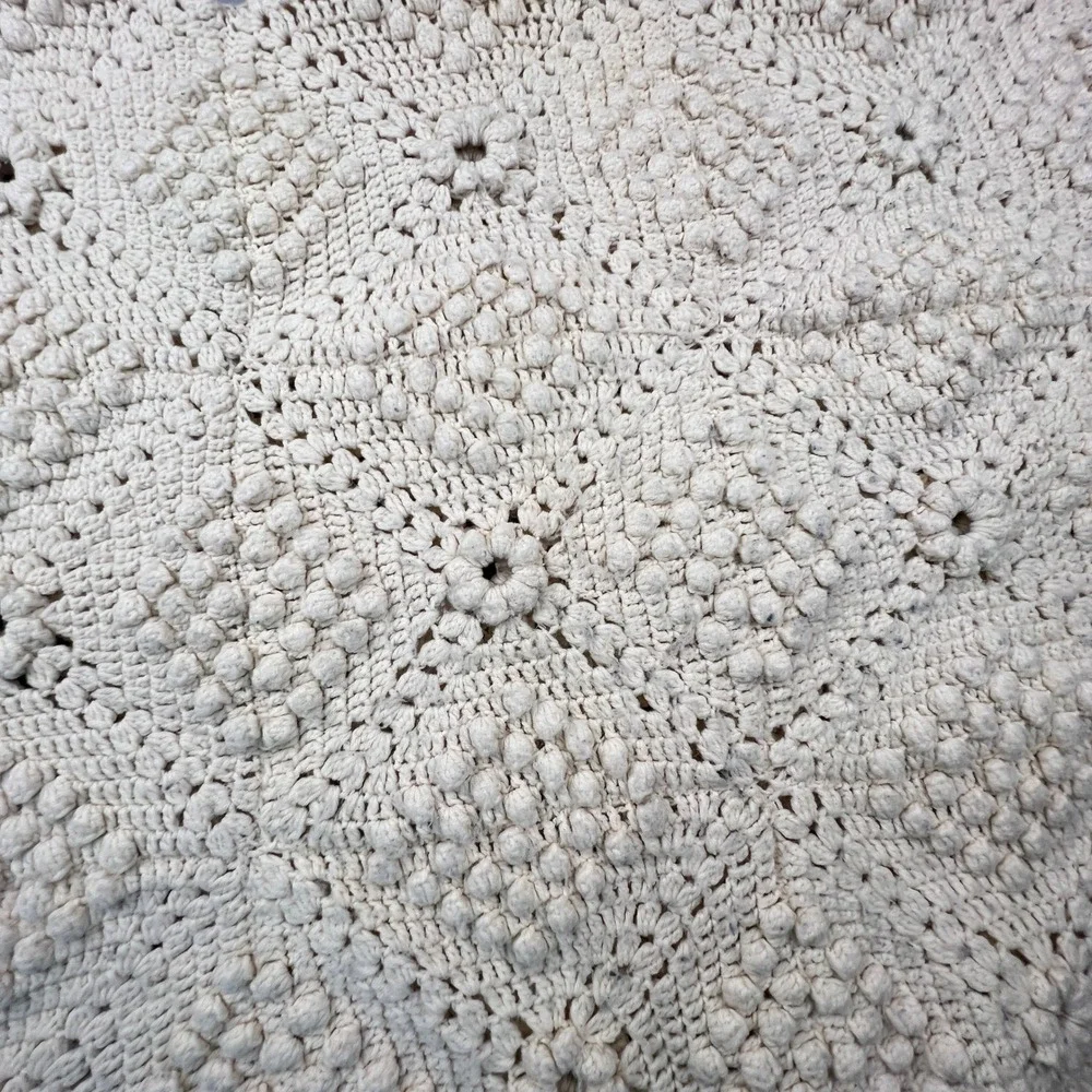 Handmade Crochet Popcorn Stitch Afghan Blanket 72x58 Cream Boho Farmhouse VTG
